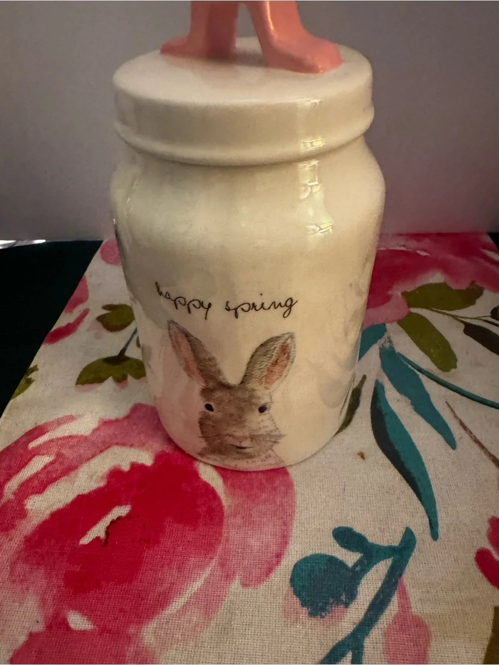 Rae Dunn “Happy Spring” Bunny Rabbit Canister Ivory Pink Handle 7.5” Easter EUC